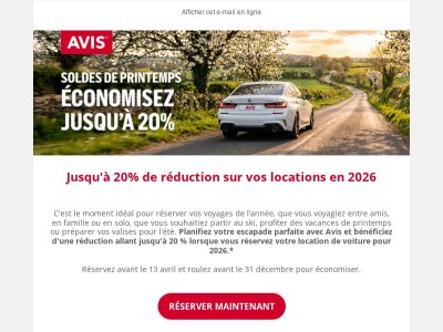 Jusqu'à -20 % sur votre location de voiture 2026