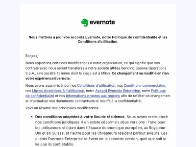 Mise à jour de vos accords Evernote, de notre Politique de confidentialité et des Conditions d'utilisation