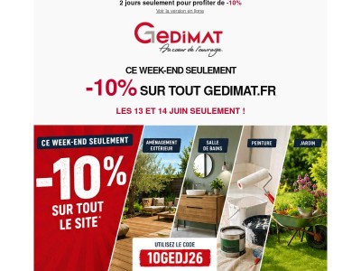 -10% sur tout le site Gedimat ce week-end