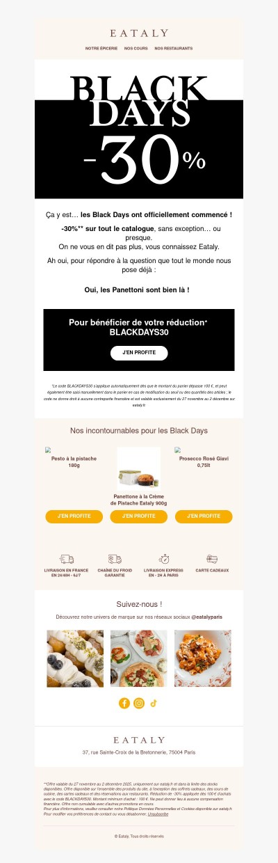 🖤 -30% : Eataly.fr rouvre ses portes avec les Black Days