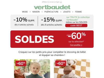 Mode, chambre, puériculture... Jusqu'à -60% dans tous nos univers