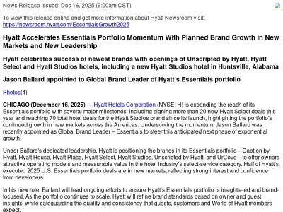 Hyatt Accelerates Essentials Portfolio Momentum With Planned Brand Growth in New Markets and New Leadership