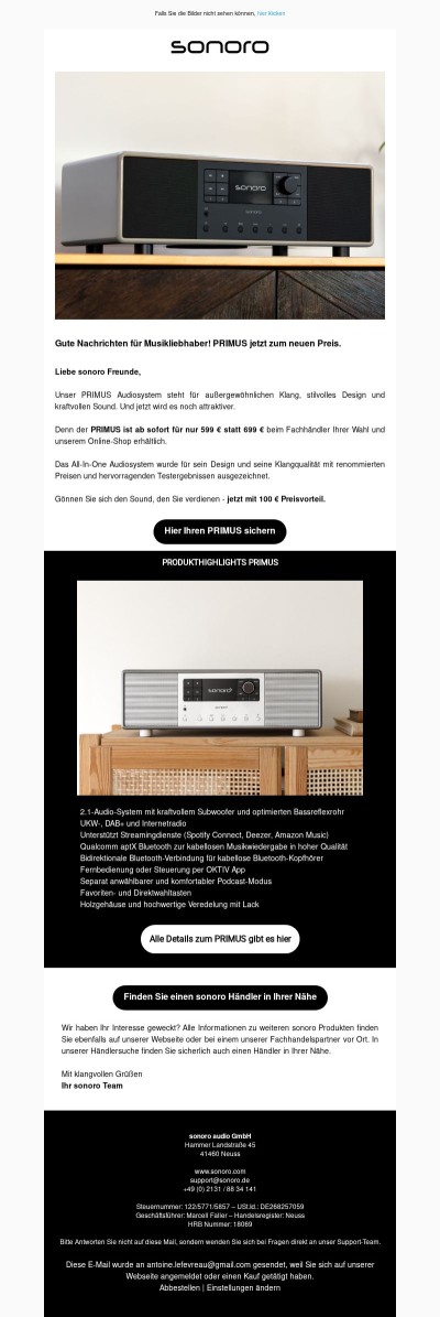 Gute Nachrichten für Musikliebhaber! PRIMUS jetzt zum Vorteilspreis: 599 € statt 699 €