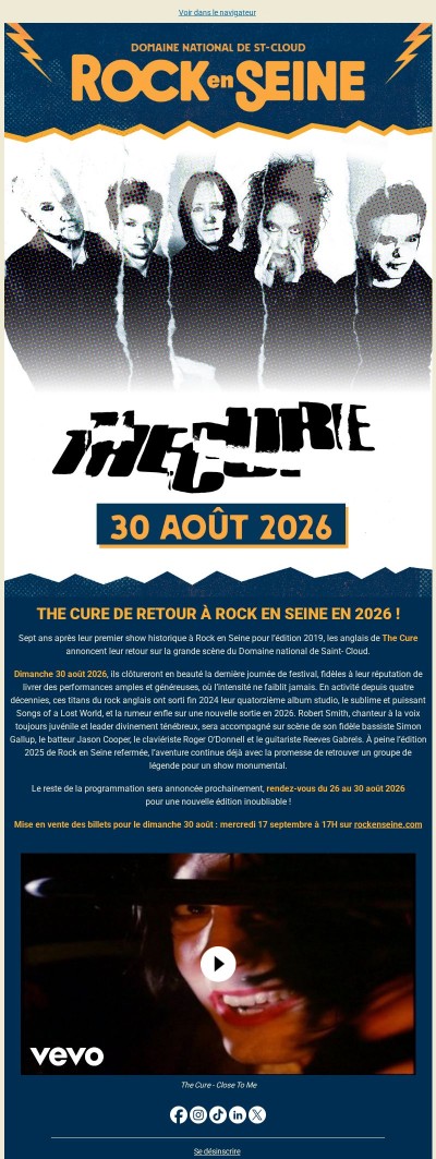 ⚡ THE CURE fait son grand retour à Rock en Seine pour la soirée de clôture du dimanche 30 août 2026 ! ⚡