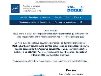 Docker, Kanban, Hadoop, Services RDS de Windows Server 2025, Linux, 5G et Wi-Fi 7, Scrum, Photoshop, Illustrator et InDesign 2025