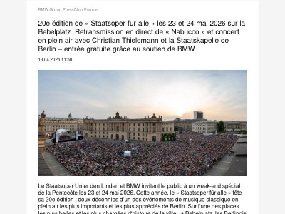  20e édition de « Staatsoper für alle » les 23 et 24 mai 2026 sur la... (BMW Group PressClub France)