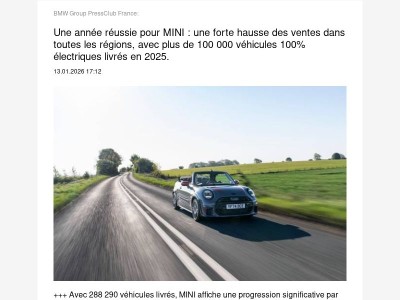  Une année réussie pour MINI : une forte hausse des ventes dans... (BMW Group PressClub France)