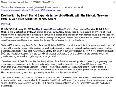 Destination by Hyatt Brand Expands in the Mid-Atlantic with the Historic Seaview Hotel & Golf Club Along the Jersey Shore