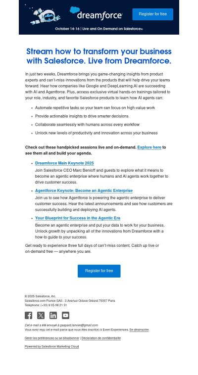 Explore AI and Agentforce in action. Stream Dreamforce to see it live.