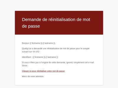 Demande de réinitialisation de mot de passe pour Vin d'O