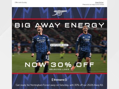 {{ firstname }}, 30% off 25/26 away kit