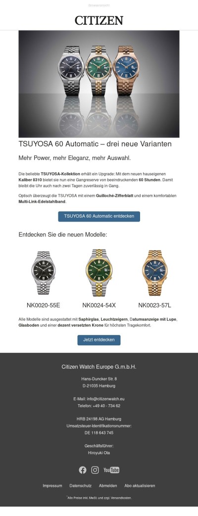 CITIZEN präsentiert die neuen TSUYOSA 60 Automatic Modelle