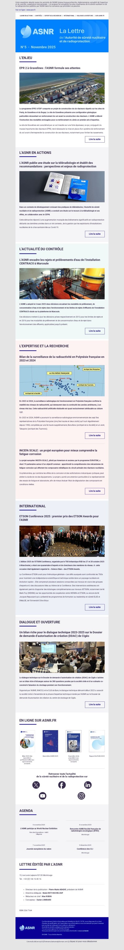 La Lettre de l'Autorité de sûreté nucléaire et de radioprotection (ASNR) n°5 - Novembre 2025