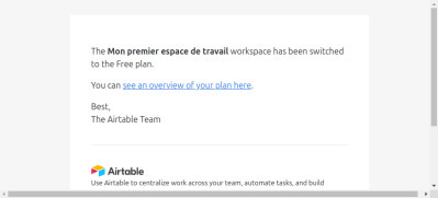 Airtable workspace switched to the Free plan