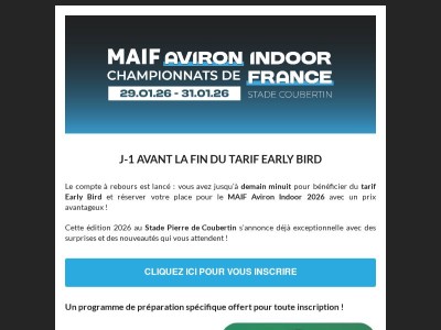 MAIF AVIRON INDOOR 2026 : J-1 avant la fin du tarif Early Bird