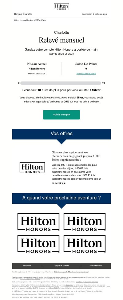 Votre relevé Hilton Honors pour août   