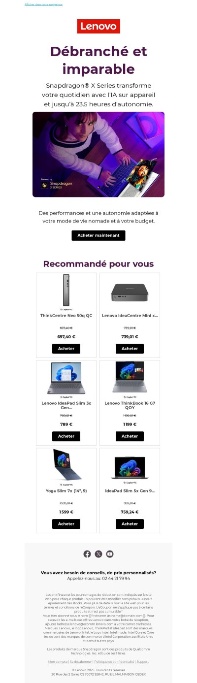 Découvrez nos offres exclusives sur les PC Lenovo avec Processeurs Snapdragon® X Série
