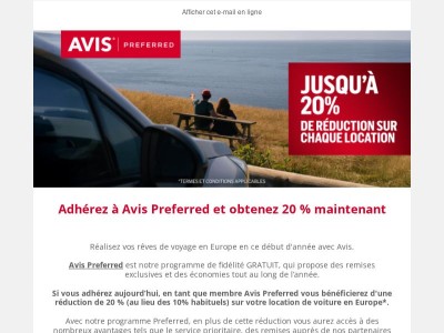 20 % de réduction pour les membres Avis Preferred