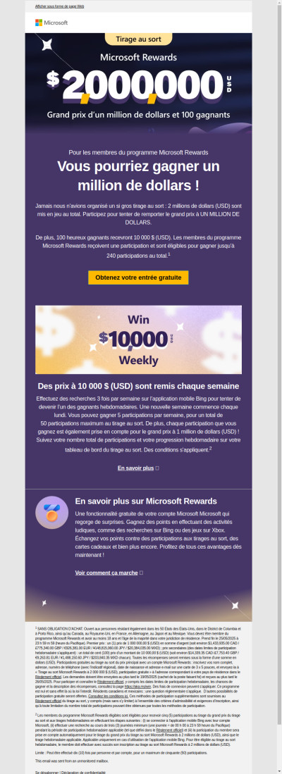 Gagnez 1 million de dollars (USD) grâce à Microsoft Rewards : demandez votre participation gratuite pour tenter votre chance