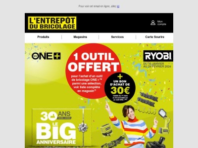 RYOBI ONE+ : 1 outil offert + 30€ en bon d'achat ⚡
