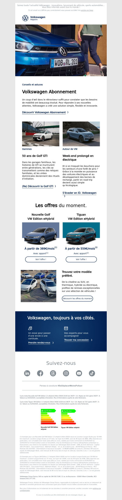 En mai, profitez de la solution Volkswagen Abonnement, redécouvrez la Golf GTI et partez en week-end au Vert avec Volkswagen.