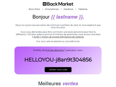   15 € de réduction juste pour vous, {{ lastname }}  