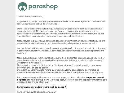 Information importante concernant la sécurité de votre compte Parashop