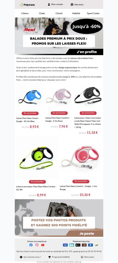 Jusqu’à -60% sur les laisses Flexi