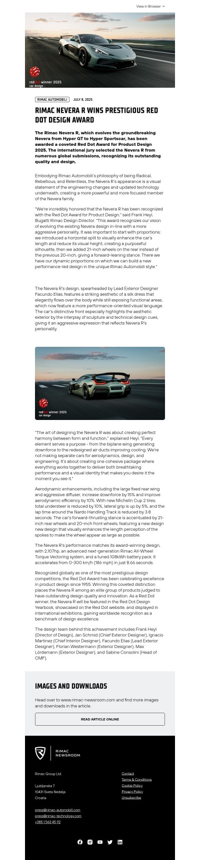 Rimac Nevera R Wins Prestigious Red Dot Design Award