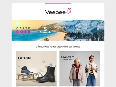 Aujourd'hui : Geox, Mango Kids, Dim et 22 autres ventes sur Veepee