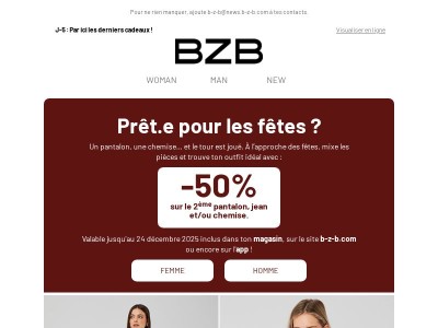 -50% sur le 2ème pantalon👖 ou chemise👚: ton look de Noël en promo !