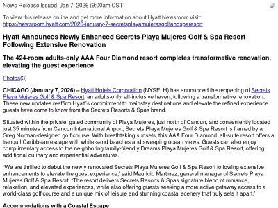 Hyatt Announces Newly Enhanced Secrets Playa Mujeres Golf & Spa Resort Following Extensive Renovation