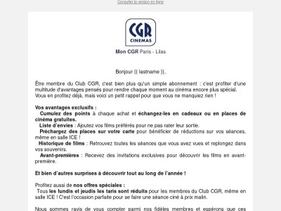 {{ lastname }}, Connaissez-vous toutes vos offres avec Le Club CGR ! 🎟️