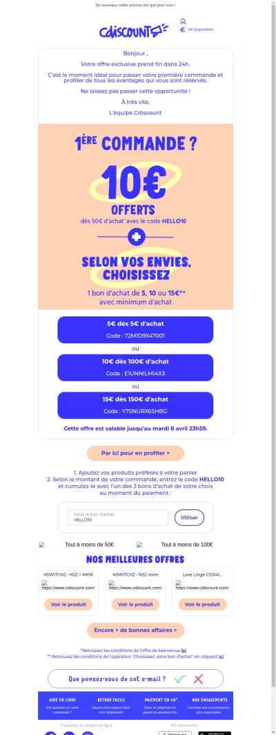 Vos codes promo pour votre 1ère commande expirent dans 1 jour ⏳