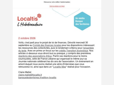 L'Hebdo Localtis du vendredi 2 octobre 2026