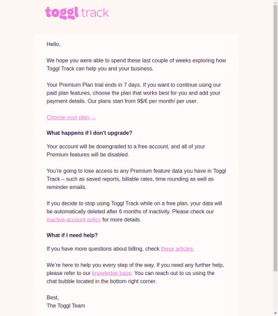 Your Toggl Track trial ends soon