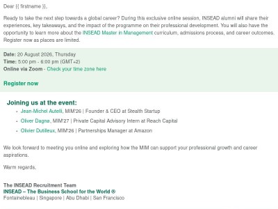 {{ firstname }}, final invitation to discover the INSEAD MIM and hear from alumni