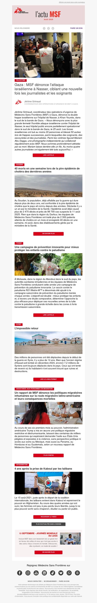 Newsletter d’août / Gaza : MSF dénonce l'attaque israélienne à Nasser, ciblant une nouvelle fois les journalistes et les soignants