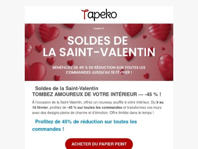 ❤️ Offre de la Saint-Valentin : 45 % de réduction sur toutes les commandes !