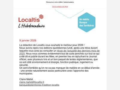 L'Hebdo Localtis du vendredi 9 janvier 2026