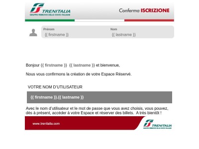 Confirmation de la création de votre Espace Réservé sur Trenitalia.com