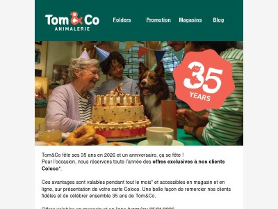 🎉 35 ans Tom&Co : chaque mois des avantages pour vos animaux