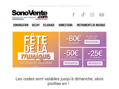 ⏳ Plus que 48h : jusqu'à -80€ pour la Fête de la musique !