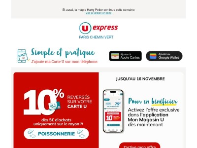 Offre rayon Poissonnerie : activez vite vos 10% en euros Carte U