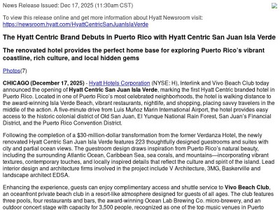 The Hyatt Centric Brand Debuts in Puerto Rico with Hyatt Centric San Juan Isla Verde
