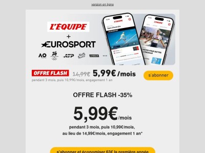 Offre Flash (-35%) : L'Équipe + Eurosport