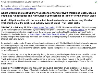 Where Champions Meet Culinary Excellence: World of Hyatt Welcomes Back Jessica Pegula as Ambassador and Announces Sponsorship of Taste of Tennis Indian Wells
