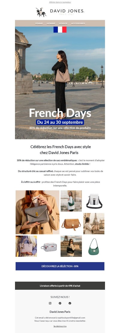 🇫🇷 French Days : -30% sur une sélection chic de sacs David Jones 👜