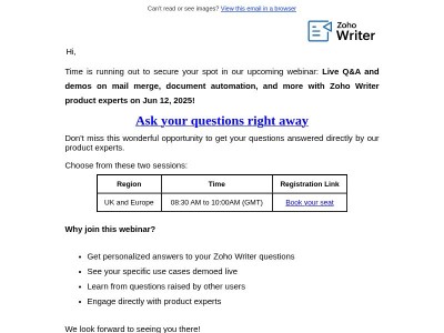 [Last chance to book your seat] Live demos and user Q&A with Zoho Writer product experts