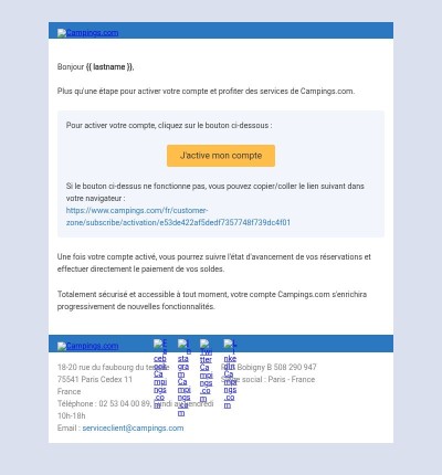 Validation de votre inscription sur Campings.com